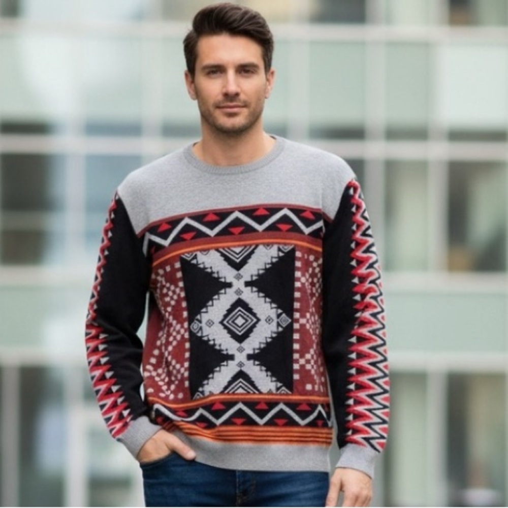 Emprye Aztec Print Cotton Blend Crewneck Sweater Size L